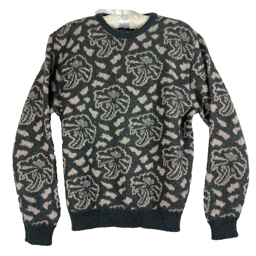 Valley Sweater Women's Size 46 Gray Floral Mohair Blend Crewneck Made In Italy